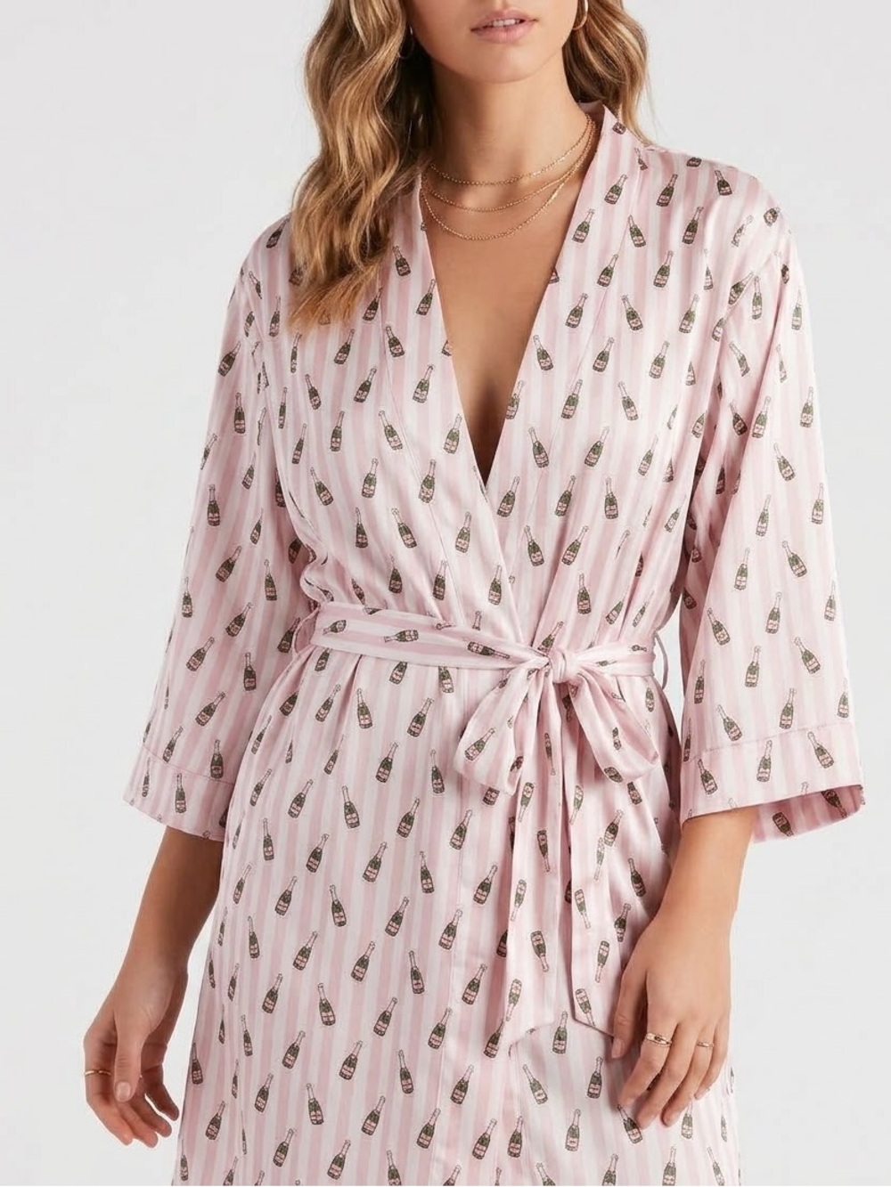Pink Striped Champagne Print Satin Robe Size Small- Medium